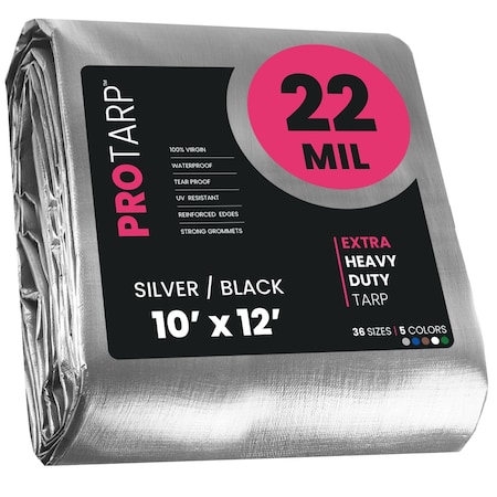 Protarp Heavy Duty Tarp, 10 ft x 12 ft, 22 Mil, Silver/Black, Polyethylene, Waterproof, Rip and Tear Proof PT-201-10X12